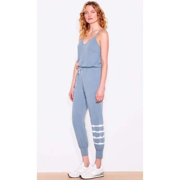NEW Sundry Teal White Tie Dye Stripe Jogger Leg Sleeveless Jumpsuit Size 1 Small - Picture 2 of 13